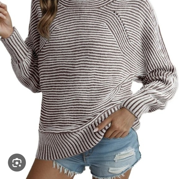 Sweaters - Striped Cowl Neck Sweater in Brown and White